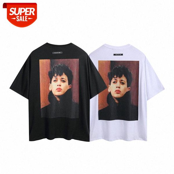 

fear of god double line character printing oversize loose cotton short-sleeved t-shirt for men and women eentials #rn21, White;black