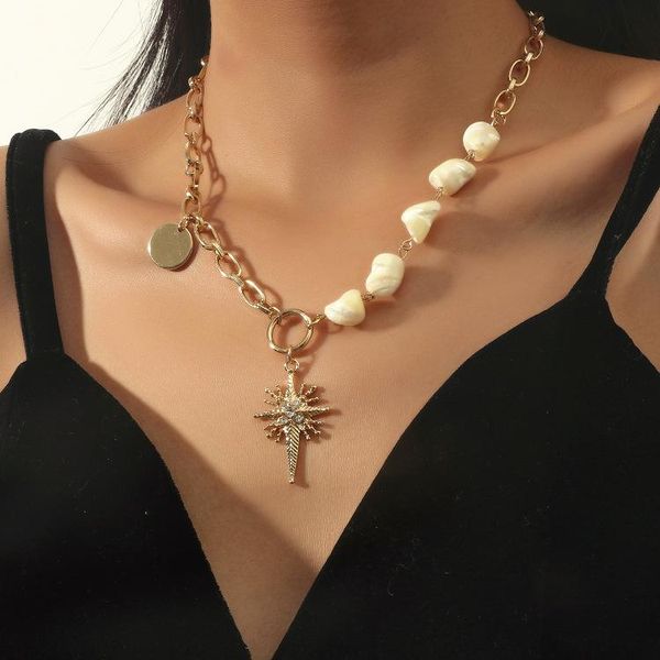 

pendant necklaces ornapeadia minimalist alloy necklace for women female ins irregular imitation pearl shell beads elegant star, Silver