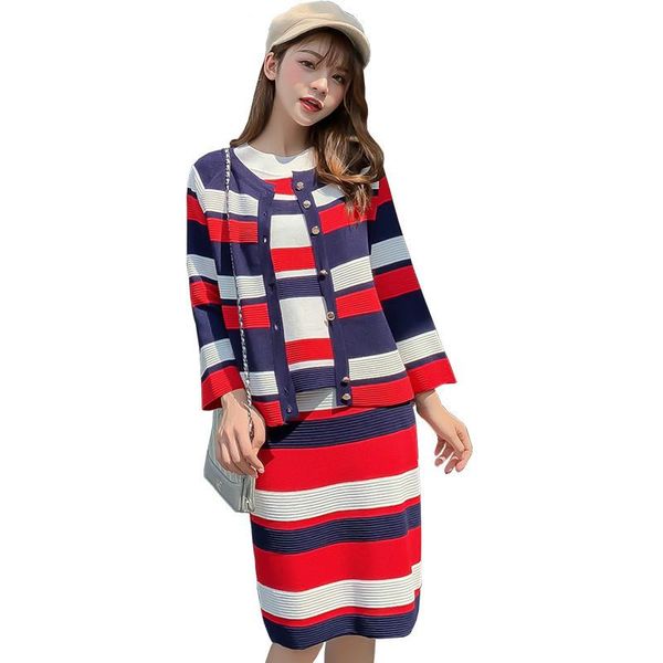 

two piece dress 2021 autumn trend striped 2 knitted clothing set women runway single-breasted cardigans jacket+short sleeve knit, White