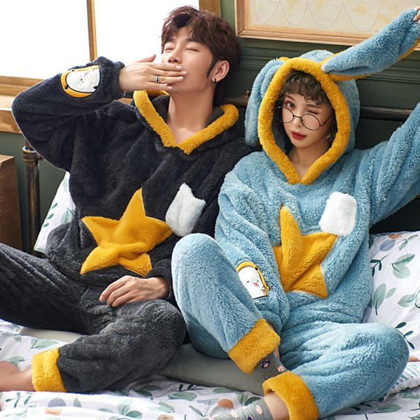 

pair matching pajamas winter fleece plus size warm hooded men flanellen home clothing pak sets christmas new year's pajamas, Black;brown