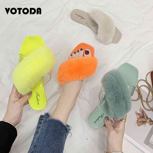 

2020 summer woman slippers fluffy faux fur sandals cute plush flip flops women cross transparent slides lady outdoor flat shoes, Black