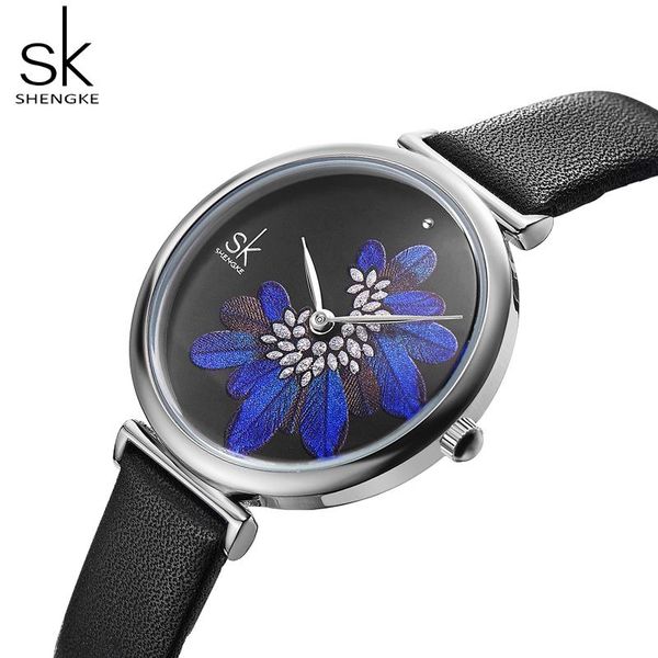 

wristwatches shengke creative women watches wrist watch 2021 sk leather strap wristwatch for blue feather clock stylish quartz, Slivery;brown