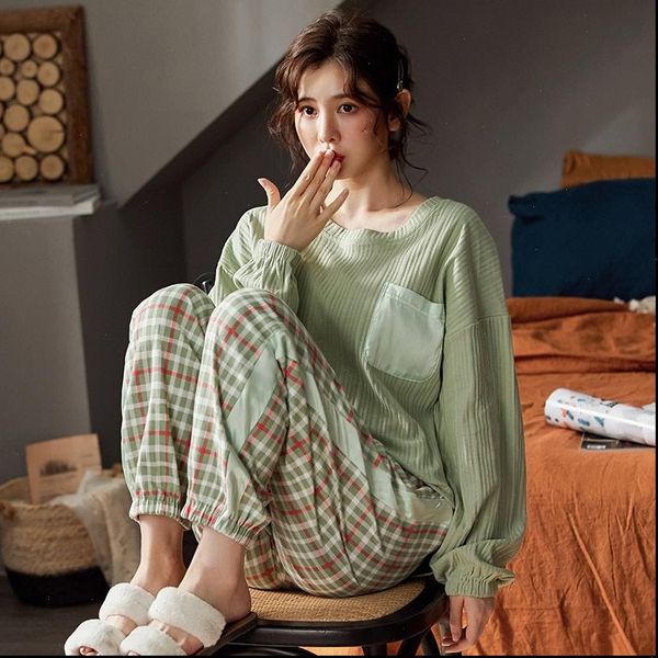 

spring fashion green silk pajamas womens sleepwears sets 100% cotton pjs atoff home sleepwear autumn satin soft pure nightwear, Black;red