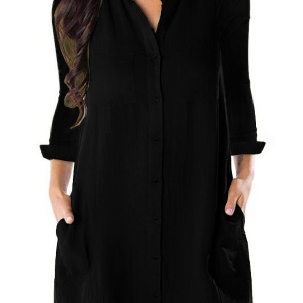 

women's solid color pocket loose shirt s top, Black;gray