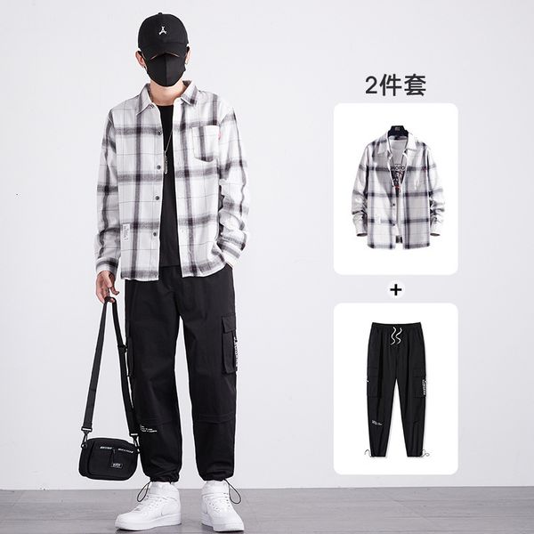 

autumn sports suit bf style loose check shirt casual pants men's fashion, Gray
