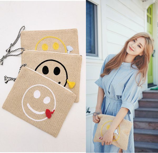 

rattan capacity designer wicker summer cute smiling face tassel grass seaside vacation beach woven hand bag girl, Black;red