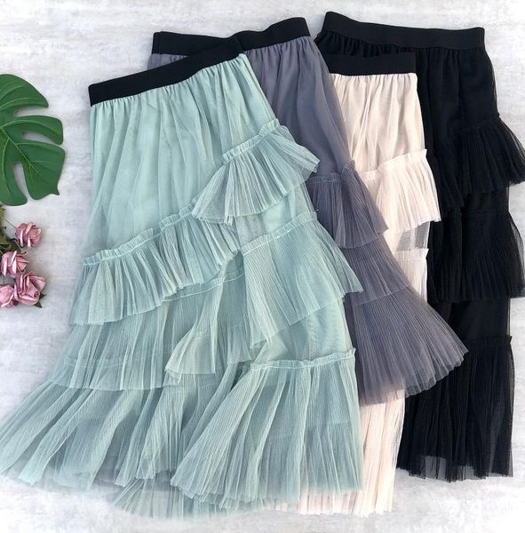 

skirts women fashion 2021 tutu tulle skirt long maxi irregular mesh womens high waist elasitic jupe femme, Black