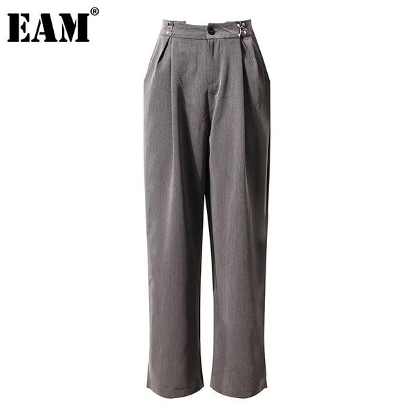 

women's pants & capris [eam] high waist gray metal buckle decoration long casual trousers loose women fashion tide spring autumn 2021 1, Black;white
