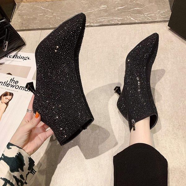 

boots crystal rhinestones high heels female zipper pointed toe shoes woman drop women's winter ankle fashion, Black