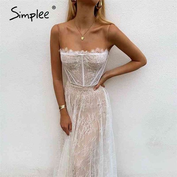 Simplee Sexy weiße Spitze Sommer Frauen Maxi Kleider Strand Spaghetti Strap rückenfrei plus Größe Kleid Mesh Femme langes Kleid Vestidos 210323