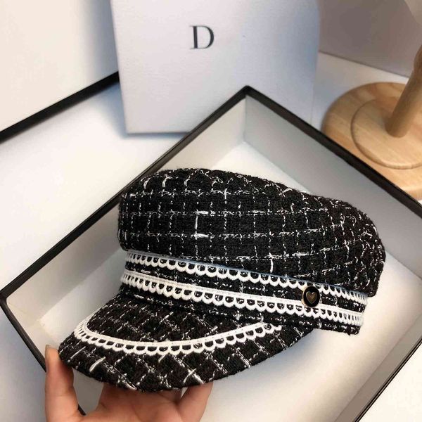 

small fragrant tweed navy hat fashion designer elegant celebrity style beret for outdoor travel, Black;white