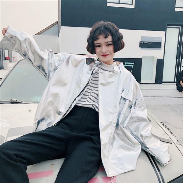 

women's jackets harajuku laser sunscreen glossy bomber coat loose silver reflective cardigan jacket couples stage dance streetwear zipp, Black;brown