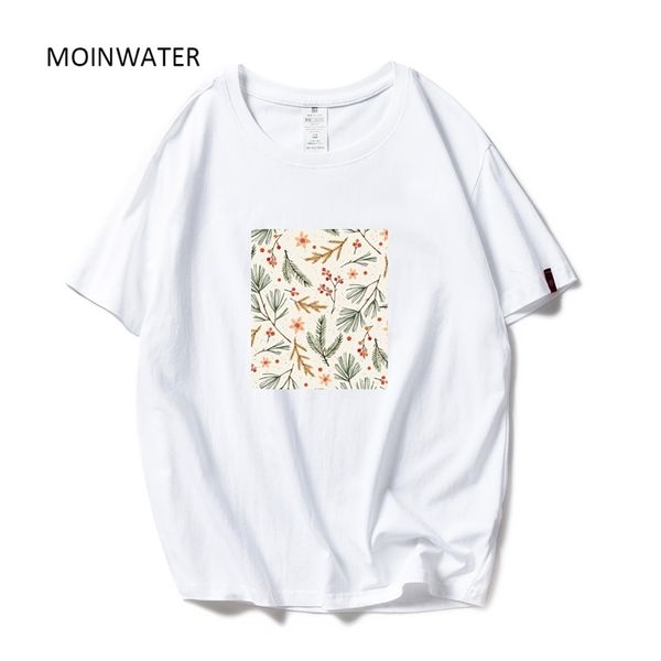 

moinwater plants pattern women high street t shirts lady 100% cotton casual white&black tees summer short sleeve mt21014 210708