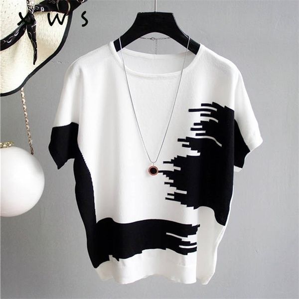 Verão Mulheres Camisola Pullover Thin Knitted Pull Femme Tops Tops Patchwork O Pescoço Jumper Essential Manga Curta Sueteres de Mujer 210812