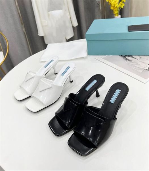 

women sandals classic design slippers fashion high heel shoes leather female comfortable triangle logo slipper ladie, Black