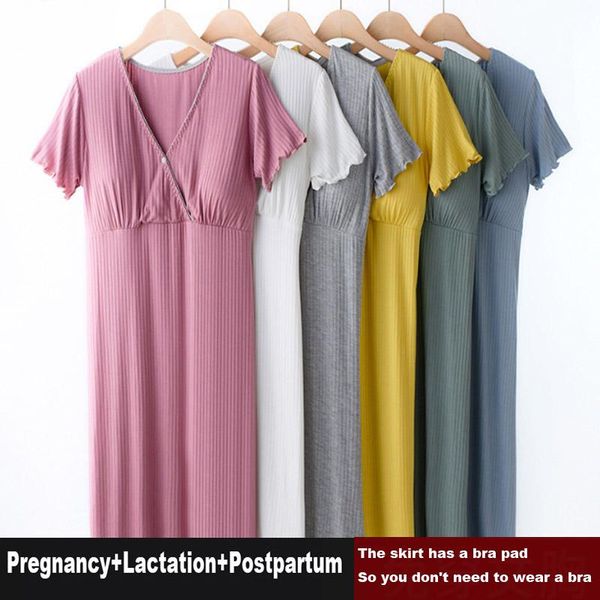 

maternity dresses solid color summer short sleeve clothes nursing wear modal dress breastfeeding clothing postpartum, White