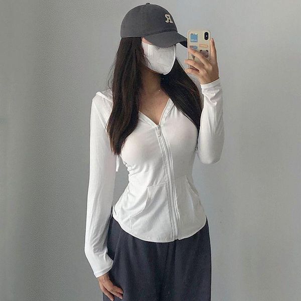 

running jackets hooded jacket women thin white v-waist drawstring zipper sports slim quick-drying leisure yoga workout gym clothes, Black;red