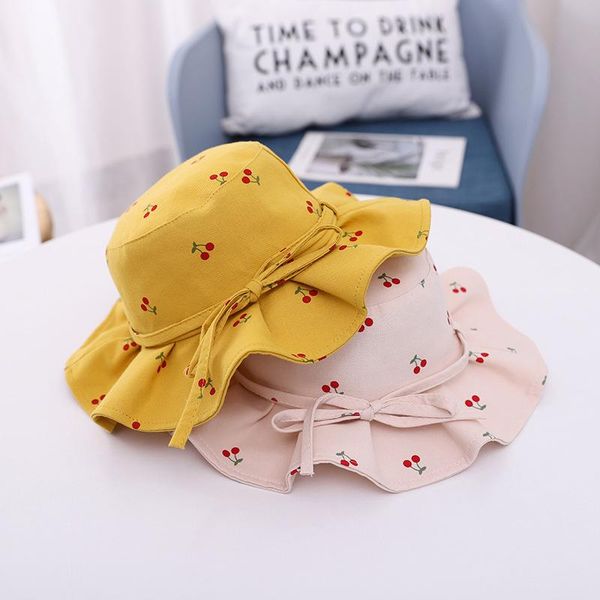 

cute cherry fruit printed baby girls bucket hat bowknot kids children caps outdoor infant toddler beach sun bonnet & hats, Yellow