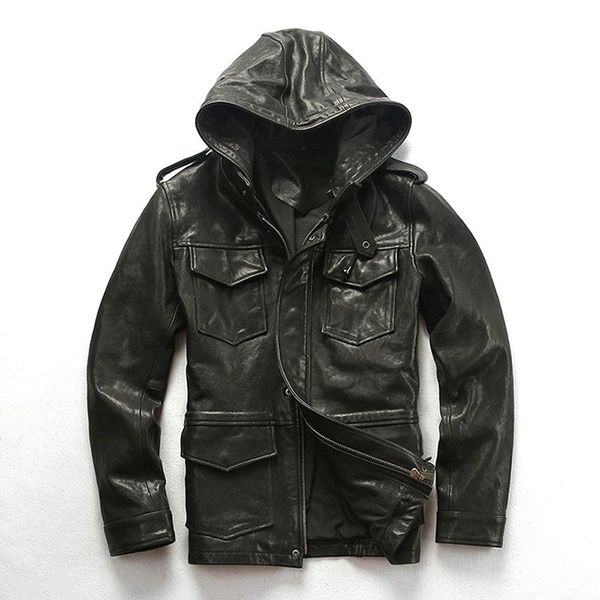 

factory men hooded genuine leather jacket multi-pocket black vegetable tanning sheepskin flight jackets men's & faux