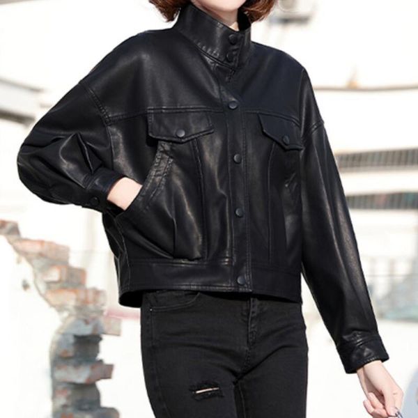 

women's leather & faux spring and autumn stand collar women loose sheepskin motorcycle jacket trend female fashion casual coat m-3xl, Black