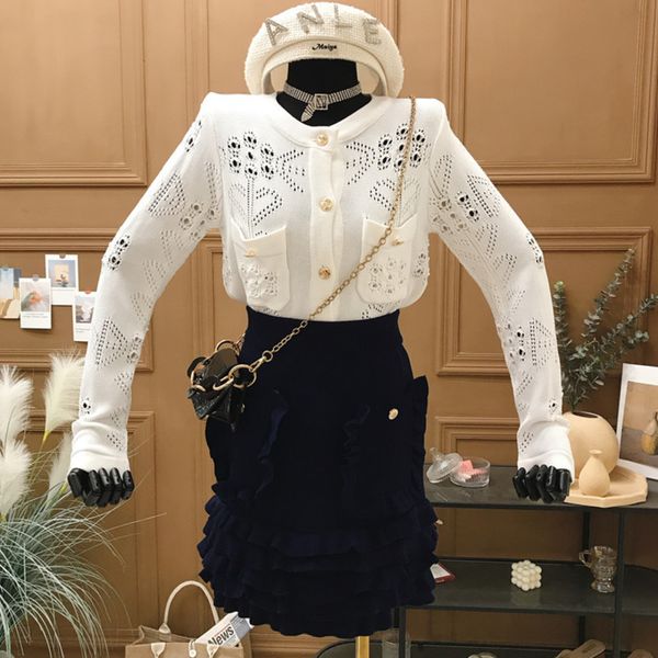 

two piece dress 2021 spring knitted set women crop hollow out cardigan + all match bodycon skirt suits ladies 2 sets zgkt, White