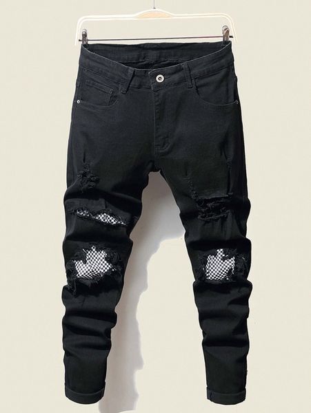 

men checkerboard patched ripped skinny jeans n8cx#, Blue