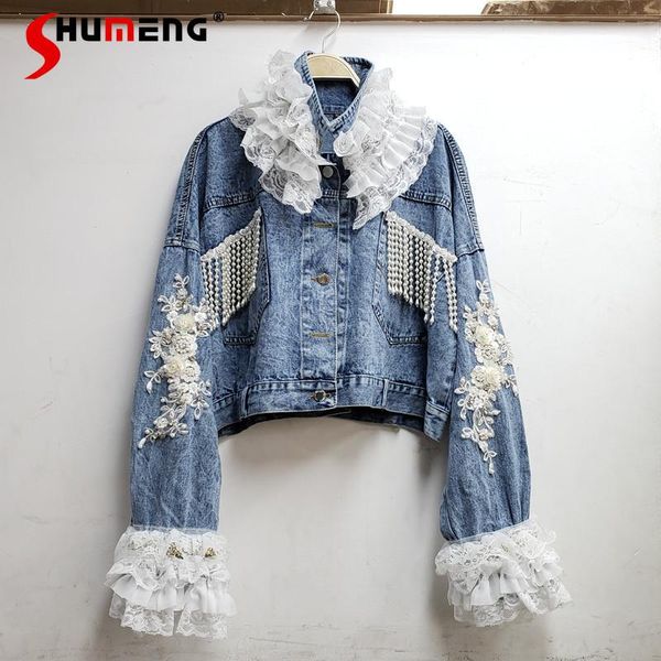 

women's jackets woman denim beaded short coat 2021 fall loose voile lace stand collar embroidery diamond inlaid jean jacket, Black;brown