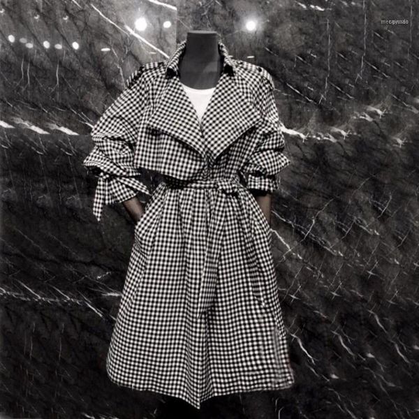 

women's trench coats autumn winter checked coat large size overcoats female plaid outerwear1, Tan;black