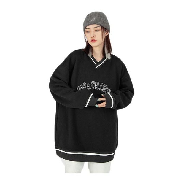 

women's hoodies & sweatshirts women 2021 spring and autumn loose casual long-sleeved v-neck letter printing student solid color clothes, Black