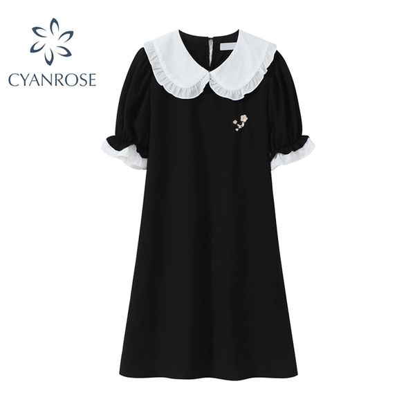 Estilo Japonês Estilo Verão Vestido Mulheres Peter Pan Collar Adorável Lace Roupa Fungo Drapejado Manga Curta Preto Senhora Uma Linha 210515