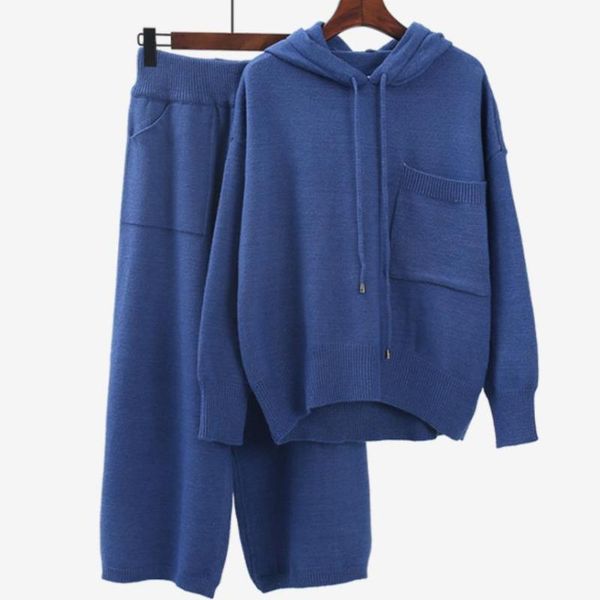 

women's two piece pants knitted warm suit sweater + loose style two-piece set knit, White