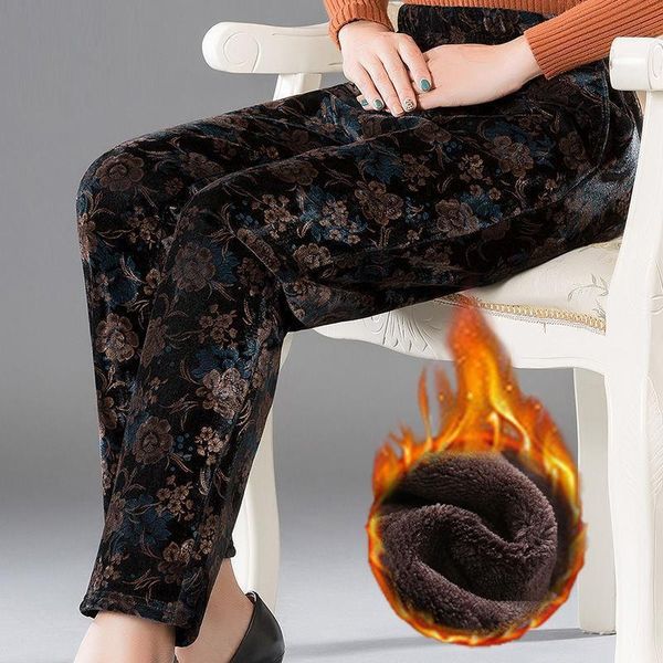 

middle aged and old womens capri large size warm velour polyester long plus velvet pants female loose casual printed straight, Black;white