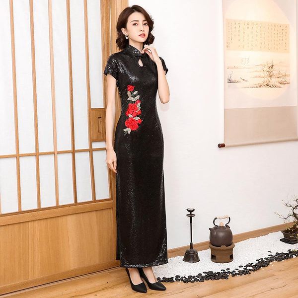 

ethnic clothing plus size 3xl-5xl lady cheongsam high split chinese qipao exquisite bling sequins dress gown rayon classic party vestid, Red
