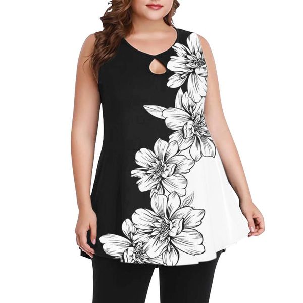 

plus size t-shirt 5xl women hollow out round neck floral print sleeveless tank loose casual lady vest elegant female d30, Black