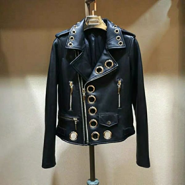 

women's leather & faux eco-leather jacket, short coat with black metal rings slim, spring and autumn k0e4
