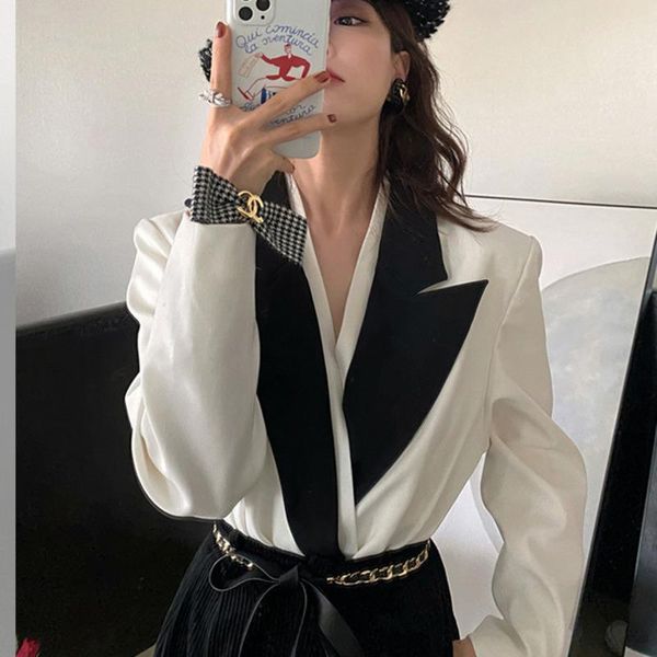 

women's suits & blazers [ewq] korea chic autumn casual trendy women lapel button contrast stitching fashion loose long-sleeved blazer 2, White;black