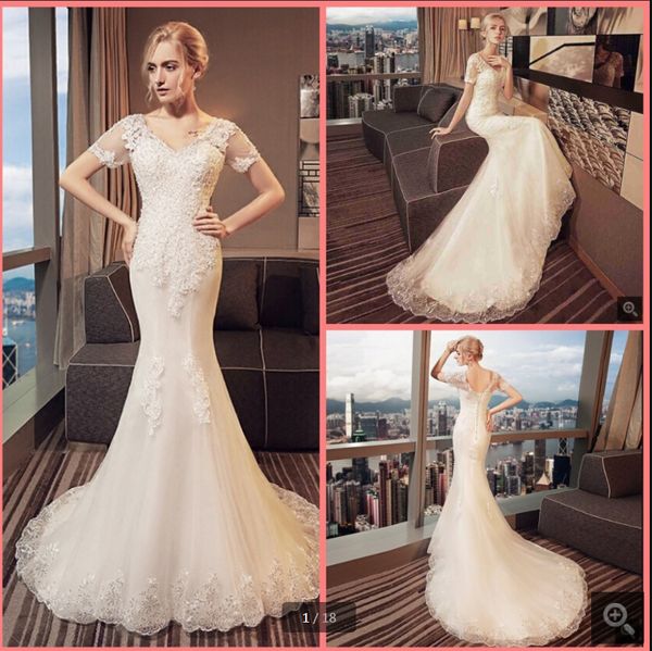 

latest style white tulle vintage mermaid wedding dress lace appliques beaded short sleeve modest bridal gowns court train corset v neck brid