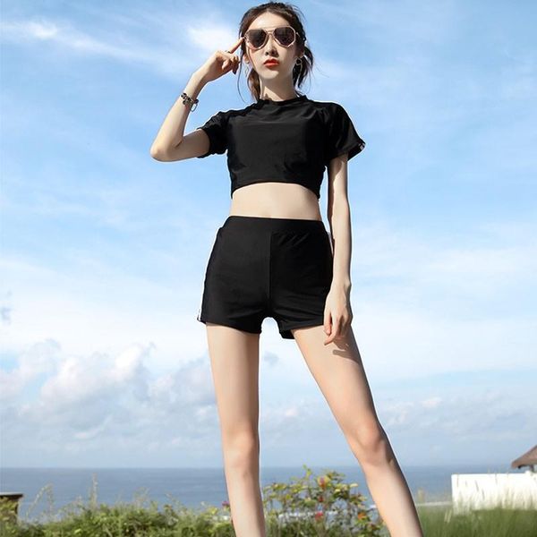 

female swimwear net red fairy fan cute japanese long-sleeved sunscreen swimsuit two-piece black one-piece suits
