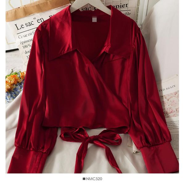 

women's blouses & shirts bow tie cross lapel blouse female 2021 fashion temperament short slim blusa thin shirt kk984, White