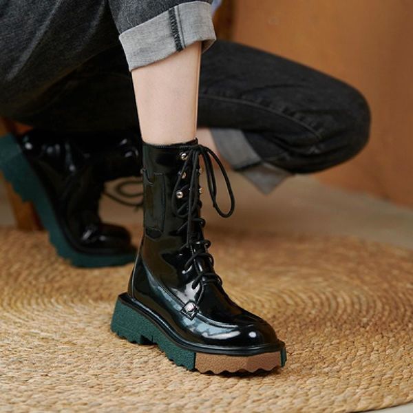 

boots 2021 women motorcycle retro female british style cross straps ladies platform mid-heel booties with side zip ankle, Black