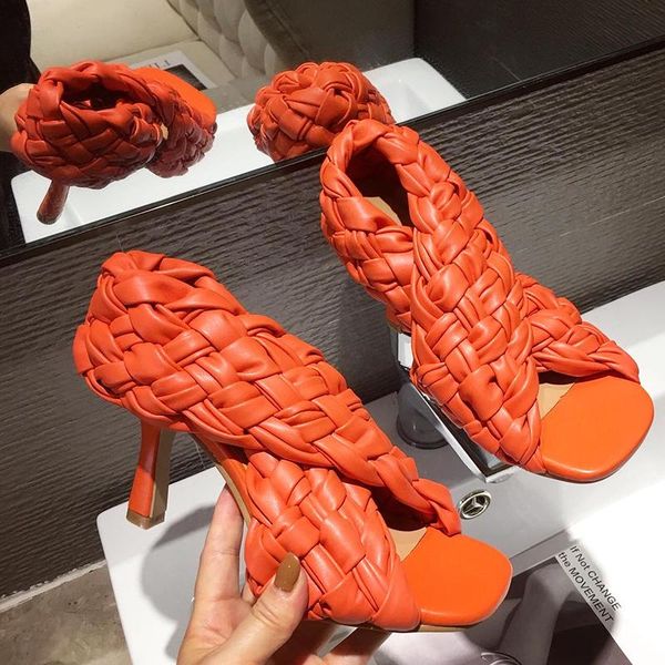

luxury designer weave slides women 9cm high heels strap mules summer outdoor orange sandals lady stripper slipper peep toe shoes slippers, Black