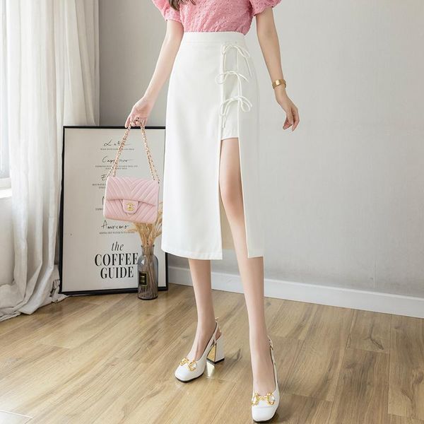 

skirts white irregular split skirt mid length women's summer high waisted design, Black