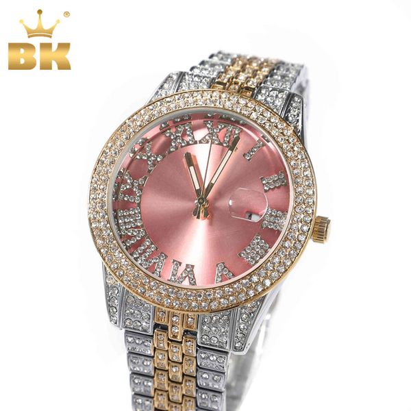 

the bling king luxury wrist wacth big pink dial full iced out two tone quartz clock business waterproof watches for men women, Slivery;brown