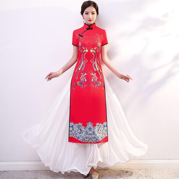 

ethnic clothing autunm print aodai catwalk dress chinese traditional women qipao mandarin collar novelty lady cheongsam plus size 5xl, Red