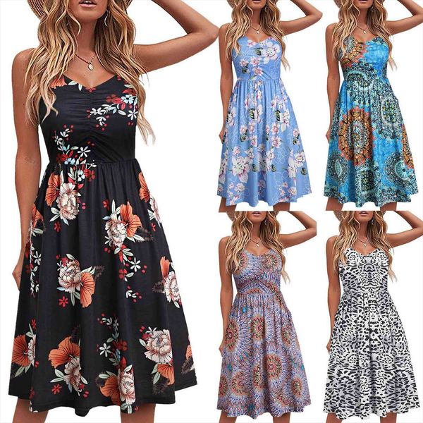 

summer bohemian floral print womens dress v neck casual lace up sleeveless sling high waist elegant vintage dresses robe, Black;gray