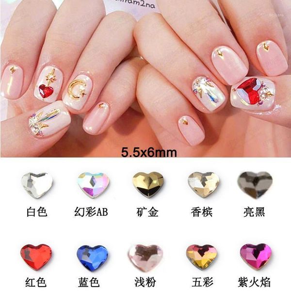 

30pcs heart nail art rhinestone accessories flat glass crystal stone shiny 5.5x6mm 3d trendy fingernail diy decoration1, Silver;gold