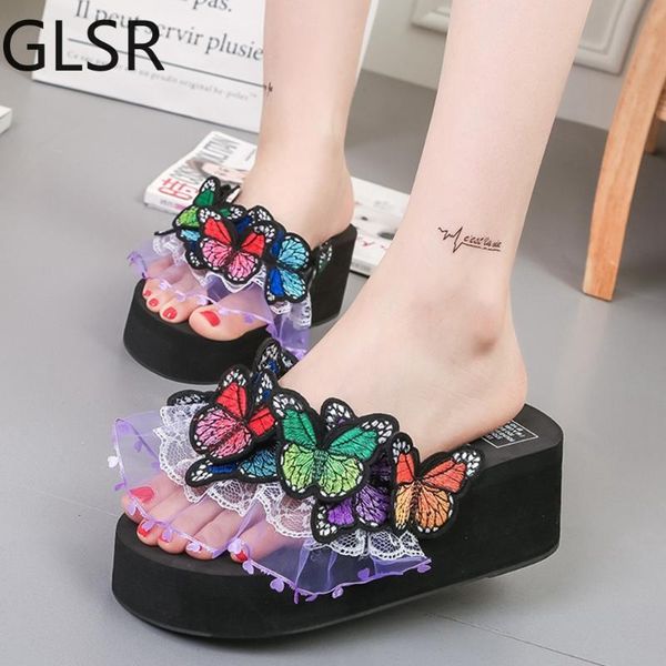 

arrivals women slippers high wedges med platform appliques summer outside slides, Black