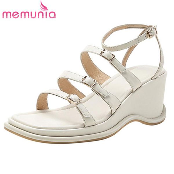 

sandals memunia 2021 big size 42 wedges women genuine leather shoes ankle buckle high heels summer casual party ladies, Black