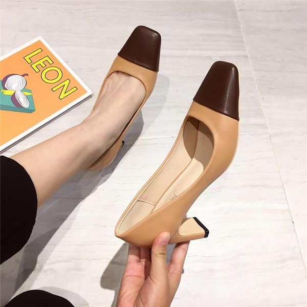 

dress shoes brand leather pumps female designer ol office mixed color high heels woman black square toe zapatos mujer 2021