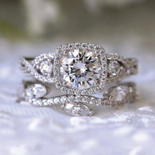 

wedding rings 2pcs fashionable 925 silver 2.27 carat white diamond belt twisted engagement bride love ring size 6-10, Slivery;golden